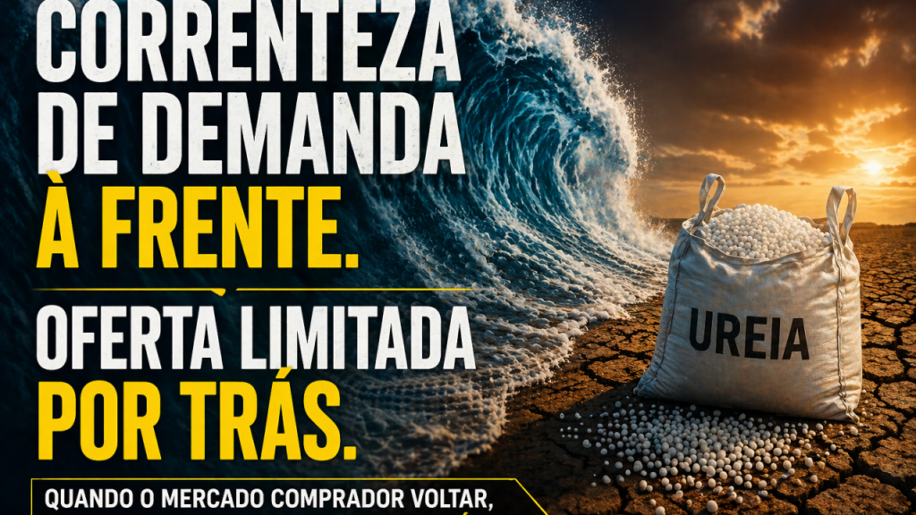 Infográfico Hieros Agro: correnteza de demanda à frente, oferta limitada por trás — quando o mercado comprador voltar, o impacto será concentrado.