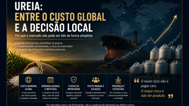 Infográfico Hieros Agro: análise do mercado de ureia com cinco forças estruturais — custo marginal global, demanda sazonal, risco do importador, efeito manada e prudência operacional.