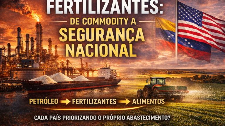 Infográfico Hieros Agro: fertilizantes deixam de ser commodity e passam a ser ativos de segurança nacional — cadeia petróleo, fertilizantes e alimentos.